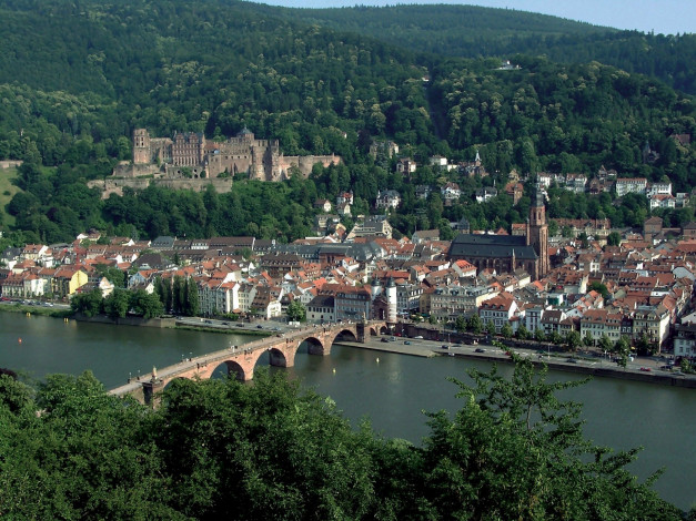 Обои картинки фото города, гейдельберг , германия, замок, река, мост, панорама