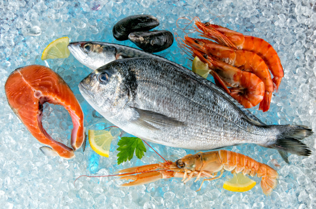 Обои картинки фото еда, рыба,  морепродукты,  суши,  роллы, лед, форель, мидии, креветки, лимон