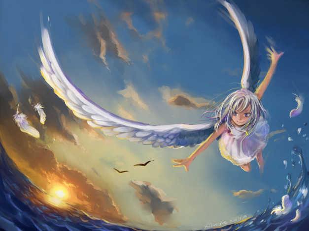 Обои картинки фото аниме, angels, demons, вода, солнце, море, крылья, полет, ангел, перья, чайки, marera, gatsu, девушка
