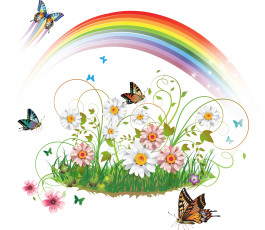 Картинка векторная+графика цветы радуга бабочки