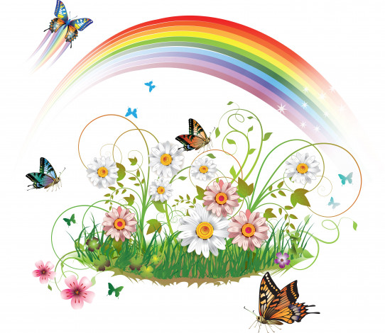 Обои картинки фото векторная графика, цветы, радуга, бабочки