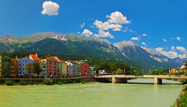 Обои картинки фото инсбрук, города, - улицы,  площади,  набережные, австрия, дома, река, мост, горы