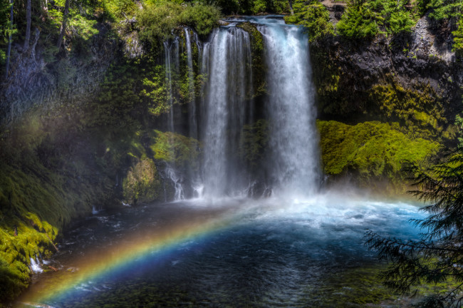 Обои картинки фото природа, радуга, водопад, река, лес