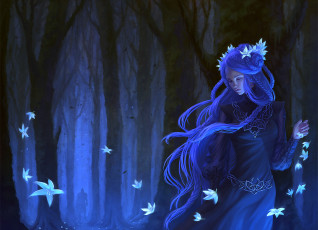 Картинка фэнтези девушки фэнтази цветы синие волосы косички платье лес девушка деревья арт