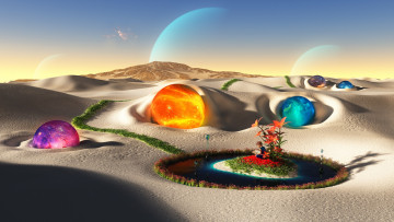 Картинка фэнтези иные+миры +иные+времена пустыня цвет оазис сфера планеты небо остров