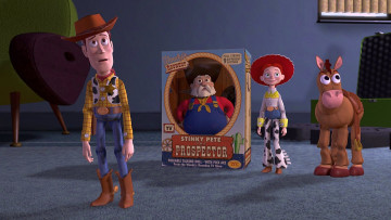 обоя мультфильмы, toy story 2, коробка, лошадь, дедушка, девушка, игрушка, ковбой, шляпа