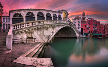 обоя города, венеция , италия, sunset, канал, венеция, rialto, bridge, italy, venice, san, bartolomeo, church, panorama, grand, canal, channel