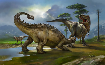Картинка рисованное животные +доисторические динозавры лес