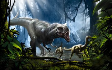 Картинка рисованное животные +доисторические лес динозавры