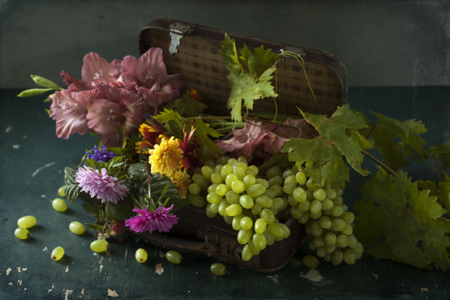Обои картинки фото еда, виноград, одуванчики, цветы, гладиолусы, ягоды, чемодан