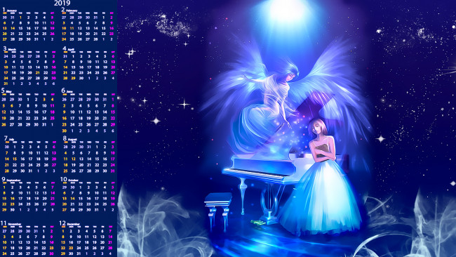 Обои картинки фото календари, фэнтези, девушка, рояль, крылья