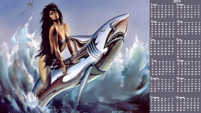 Обои картинки фото календари, фэнтези, девушка, вода, акула