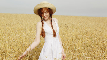 обоя девушки, jia lissa, поле, пшеница, шляпка, косы