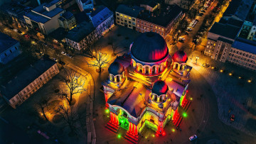 Картинка города каунас+ литва вид сверху город здания сделанное человеком ночь подсветка