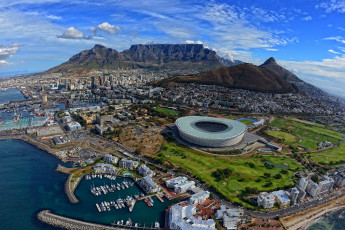 Картинка города кейптаун юар панорама стадион побережье south africa cape town горы порт