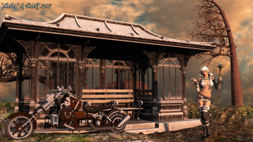 Картинка 3д графика fantasy фантазия девушка мотоцикл дом