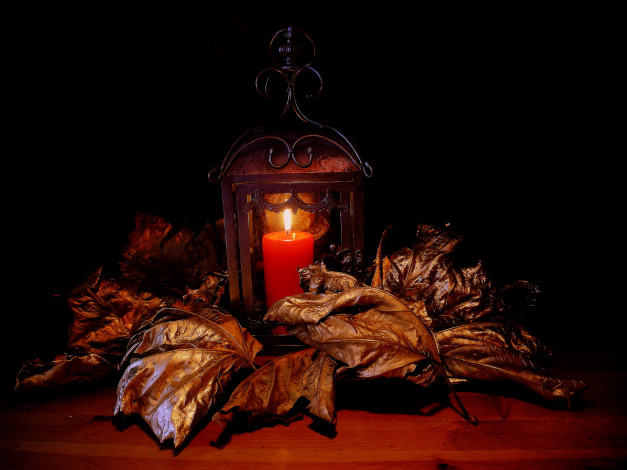 Обои картинки фото разное, свечи, свеча, листья, фонарь