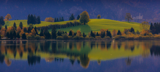 Обои картинки фото lake, hopfen, bavaria, germany, природа, реки, озера, бавария, am, see, деревья, отражение, панорама, осень, германия, озеро, хопфен