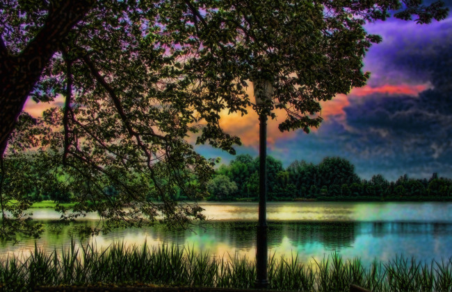 Обои картинки фото природа, реки, озера, вечер, озеро, лес, трава, тучи, зарево