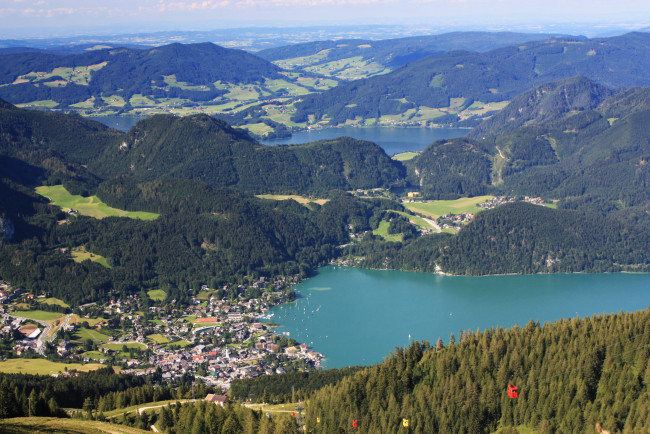 Обои картинки фото st, gilgen, austria, природа, реки, озера, панорама, лес, горы, дома