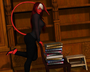 Картинка 3д+графика существа+ creatures взгляд фон девушка существо хвост очки книги стул