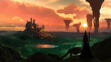 Картинка фэнтези замки ведьма пейзаж замок облака небо закат королевство