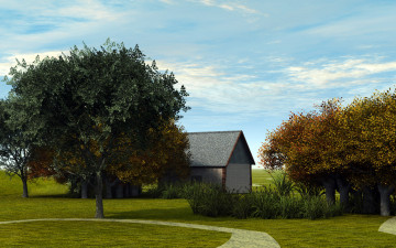 Картинка 3д+графика природа+ nature дом деревья дорога облака