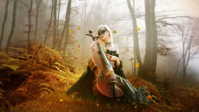 Обои картинки фото музыка, - другое, музыкальный, инструмент, лес, туман, декольте, виолончель, маска, сидит, девушка