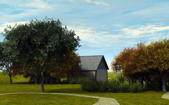 Обои картинки фото 3д графика, природа , nature, дом, деревья, дорога, облака
