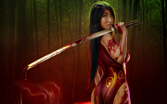 Обои картинки фото фэнтези, девушки, меч, азиатка, девушка, бамбук, лес, катана, кровь