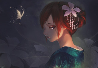 Картинка фэнтези девушки цветы арт бабочка взгляд девушка гейша аниме