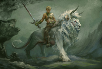 Картинка фэнтези существа меч лев существо фон мужчина