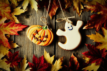 обоя праздничные, хэллоуин, веревка, кленовые, листья, helloween, печенье, глазурь, доски, тыква, приведение, хеллоуин