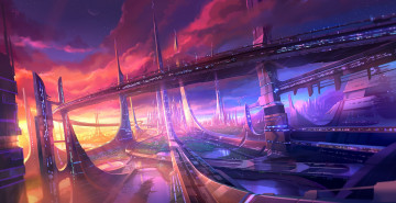Картинка фэнтези иные+миры +иные+времена облака мегаполис город озера будущее небоскребы мост закат