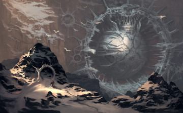 Картинка фэнтези иные+миры +иные+времена шар человек сфера портал горы арт снег сооружение