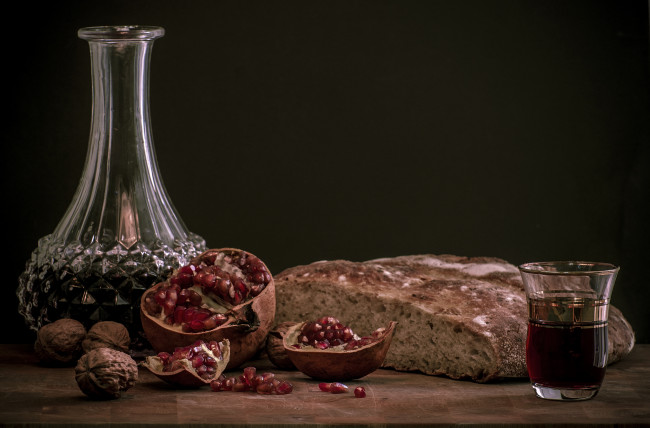 Обои картинки фото еда, натюрморт, гранат, вино, хлеб
