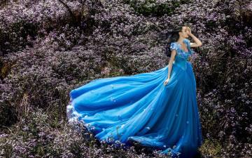 Картинка девушки -+азиатки луг платье голубое