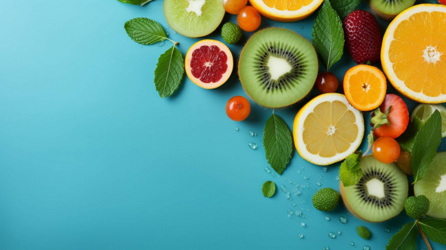 Обои картинки фото еда, фрукты,  ягоды, киви, апельсин, клубника