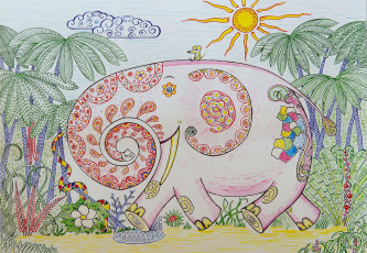 Картинка рисованные животные розовый слон