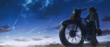 обоя by hatsuga dmaigmai, аниме, *unknown другое, сумерки, небо, облака, звезды, падение, мотоцикл, парень, сумка, горы, шлем