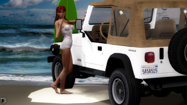 Обои картинки фото автомобили, 3d car&girl, девушка, взгляд, фон, рыжая, автомобиль, песок, пляж, море, купальник, доска