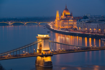 обоя города, будапешт , венгрия, мосты, река, вечер, освещение