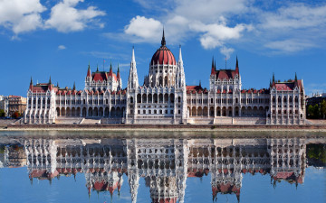обоя города, будапешт , венгрия, отражение, здание, река