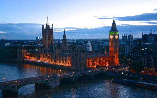 Обои картинки фото города, лондон , великобритания, вечер, мост, река
