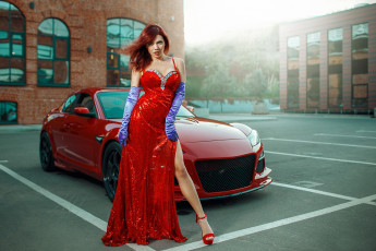 Картинка автомобили -авто+с+девушками красный автомобиль красное платье