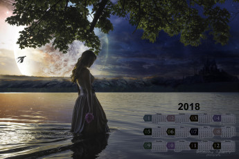 обоя календари, компьютерный дизайн, ночь, дерево, водоем, девушка, 2018, замок
