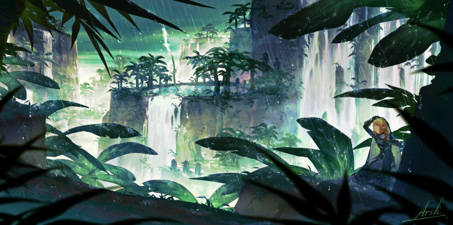 Обои картинки фото видео игры, the legend of zelda, линк, дождь, джунгли, скалы