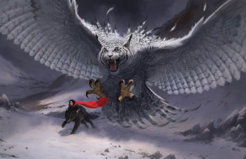 Картинка фэнтези существа птица фон тигр когти крылья волк собака человек бегство атака