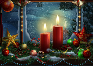 Картинка праздничные рисованные шарики свечи звёзды шишки окно
