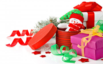 Картинка праздничные подарки коробочки снеговик игрушка коробки